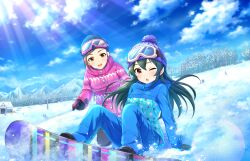 Rule 34 | beanie, brown eyes, brown hair, building, cloud, game cg, gloves, goggles, goggles on head, green hair, hat, hyodo rena, idolmaster, idolmaster cinderella girls, idolmaster cinderella girls starlight stage, official art, ohishi izumi, snow, snowboard, tree, winter clothes, yellow eyes