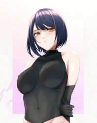 Rule 34 | 1girl, black bodysuit, black gloves, black hair, bodysuit, breasts, covered navel, elbow gloves, genshin impact, gloves, kujou sara, large breasts, looking at viewer, me ao (many blue leaves), short hair, solo, upper body, yellow eyes