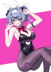 Rule 34 | 1girl, absurdres, animal ears, arm strap, arm up, bare shoulders, black leotard, blue hair, breasts, cleavage, clothing cutout, commentary request, cutout above navel, detached collar, fake animal ears, grey eyes, grey pantyhose, grin, hair intakes, hair ornament, hairband, hand up, hatsune miku, heart, heart-shaped pupils, heart cutout, highres, leotard, looking at viewer, maochibuqihuyu, medium breasts, medium hair, necktie, pantyhose, pink pupils, playboy bunny, rabbit ears, rabbit hole (vocaloid), red necktie, smile, solo, symbol-shaped pupils, teardrop facial mark, thigh strap, vocaloid, white hairband, x hair ornament
