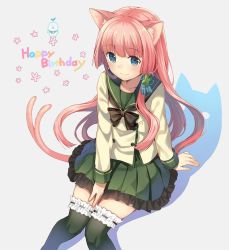 Rule 34 | 1girl, animal ears, blue eyes, blush, borrowed character, cat ears, green thighhighs, hair ornament, happy birthday, ichijou kokona, kurasawa moko, long hair, multiple tails, nekomata, original, pink hair, school uniform, serafuku, sitting, skirt, smile, solo, tail, thighhighs, very long hair