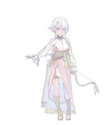 Rule 34 | 1girl, absurdres, arrow (projectile), bare shoulders, blouse, boots, bow (weapon), braid, brown footwear, brown shorts, closed mouth, clothing cutout, dark-skinned female, dark skin, ear ornament, enkyo yuuichirou, full body, green ribbon, grey hair, hair over one eye, hair tubes, highres, holding, holding bow (weapon), holding weapon, long sleeves, looking at viewer, one eye covered, original, pelvic curtain, pointy ears, quiver, red eyes, ribbon, sash, shirt, short hair, shorts, shoulder cutout, side braid, simple background, smile, solo, standing, tassel, toeless footwear, waist cape, weapon, white background, white shirt
