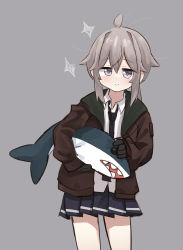 Rule 34 | 1girl, absurdres, ahoge, american flag, black gloves, black necktie, blush, brown jacket, collared shirt, dress shirt, girls&#039; frontline, gloves, grey background, grey hair, highres, holding, holding stuffed toy, ikea, ikea shark, jacket, long sleeves, looking at viewer, low ponytail, m200 (girls&#039; frontline), medium hair, necktie, open clothes, open jacket, pepsi2330, polo shirt, purple eyes, shark, shirt, sidelocks, simple background, skirt, smile, solo, sparkle, standing, stuffed animal, stuffed shark, stuffed toy