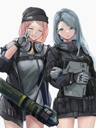 Rule 34 | 2girls, absurdres, beanie, black headwear, black jacket, blue eyes, blue hair, bunker buster, closed eyes, commentary request, computer, cowboy shot, electronic firearm, girls&#039; frontline, gloves, grey background, grey gloves, grey hoodie, grin, gun sling, hat, headphones, headphones around neck, highres, holding, holding another&#039;s arm, holding laptop, hood, hoodie, jacket, laptop, lithographica, long hair, man-portable anti-tank systems, mk 153 (girls&#039; frontline), mk 153 shoulder-launched multipurpose assault weapon, mk 153 smaw, multiple girls, pink hair, rocket launcher, simple background, smile, v, weapon