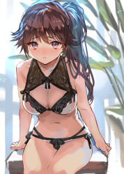 Rule 34 | 1girl, bare arms, bare shoulders, blurry, blurry background, blush, bra, breasts, brown hair, commentary request, depth of field, large breasts, legs together, long hair, looking at viewer, navel, nose blush, original, panties, parted lips, plant, ponytail, potted plant, purple eyes, ran&#039;ou (tamago no kimi), sitting, sketch, solo, underwear, white bra, white panties