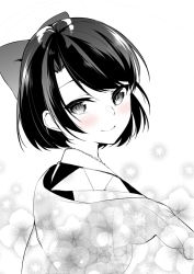 Rule 34 | 1girl, blush, bow, closed mouth, female focus, flower, greyscale, hair bow, hololive, japanese clothes, kimono, light particles, looking at viewer, monochrome, oozora subaru, oozora subaru (new year), parted bangs, short hair, simple background, smile, solo, spot color, upper body, virtual youtuber, white background, yukino (yukinosora1126)