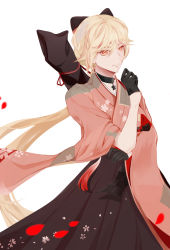 Rule 34 | 1girl, bad id, bad pixiv id, black gloves, blonde hair, bow, braid, breasts, chinese text, choker, closed mouth, dow (dow fighting), elbow on arm, eyes visible through hair, floating hair, floral print, flower, from side, girls&#039; frontline, gloves, hair between eyes, hair bow, hair ribbon, hakama, hakama short skirt, hakama skirt, half gloves, hand up, high-waist skirt, highres, japanese clothes, long hair, looking at viewer, official alternate costume, ots-14 (flurry of petals) (girls&#039; frontline), ots-14 (girls&#039; frontline), petals, ribbon, simple background, skirt, smile, solo, string, thighhighs, very long hair, weapon bag, white background, wide sleeves, wind, wind lift, yellow eyes