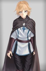 Rule 34 | 1girl, arm armor, belt, blonde hair, cape, highres, looking at viewer, neia baraja, overlord (maruyama), short hair, simple background, solo