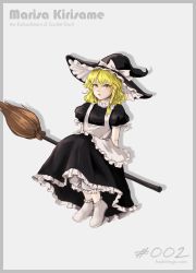 Rule 34 | 1girl, absurdres, apron, black dress, blonde hair, bobby socks, border, bow, braid, broom, broom riding, closed mouth, commentary request, dress, frilled apron, frilled dress, frilled hat, frills, grey border, happy, hat, hat bow, highres, hoshiringo0902, kirisame marisa, lips, long hair, looking at viewer, puffy short sleeves, puffy sleeves, short sleeves, side braid, simple background, single braid, smile, socks, solo, standing, touhou, white apron, white background, white bow, white socks, witch, witch hat, yellow eyes