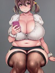 Rule 34 | 1girl, belly, breasts, cellphone, cleavage, collarbone, crop top, earrings, fishnet thighhighs, fishnets, highres, hoop earrings, huge breasts, jewelry, midriff, miniskirt, nail polish, navel, original, phone, plump, scrunchie, short twintails, sitting, skirt, smartphone, solo, thick eyebrows, thick thighs, thighhighs, thighs, tsuji santa, twintails, wrist scrunchie
