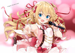 Rule 34 | 1girl, akai haato, blonde hair, blue eyes, blush, breasts, dress, hair ornament, heart, highres, hololive, large breasts, long hair, looking at viewer, microphone, mousou (mousou temporary), nail polish, open mouth, ribbon, smile, solo, virtual youtuber
