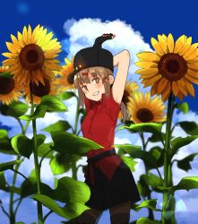 Rule 34 | 1girl, annin musou, arms up, black hat, blouse, blurry, blurry background, blush, brown eyes, brown hair, cloud, day, fingerless gloves, flower, fur hat, gloves, grin, hair between eyes, hair ornament, hairclip, hat, kantai collection, long hair, low twintails, no scarf, pantyhose, papakha, red shirt, shirt, sky, smile, solo, star (symbol), sunflower, tashkent (kancolle), twintails