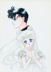 1990s_(style) 1boy 1girl absurdres artbook bishoujo_senshi_sailor_moon black_hair blue_eyes bracelet crescent double_bun earrings endymion_(sailor_moon) facial_mark forehead_mark hair_bun head_tilt highres incredibly_absurdres jewelry lips long_hair looking_at_viewer off_shoulder official_art own_hands_clasped own_hands_together pale_skin parted_lips princess princess_serenity retro_artstyle scan short_hair takeuchi_naoko very_short_hair white_background white_hair