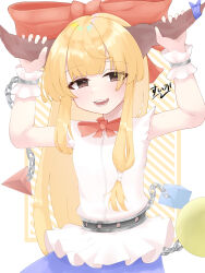 Rule 34 | 1girl, :3, absurdres, ball and chain restraint, blonde hair, blue skirt, bow, brown eyes, commentary request, cube, eyes visible through hair, fang, hair bow, hair over one eye, highres, horns, ibuki suika, open mouth, red bow, shirt, sidelocks, signature, skirt, smile, solo, suwa (au swap), tetrahedron, torn clothes, torn shirt, touhou, wrist cuffs