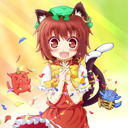 Rule 34 | 1girl, animal ears, blue oni, brown eyes, brown hair, cat ears, cat girl, cat tail, chen, earrings, female focus, hat, jewelry, marimo inu, md5 mismatch, multiple tails, oni, red oni, resolution mismatch, short hair, solo, source smaller, tail, touhou, yskssk