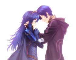 Rule 34 | 1boy, 1girl, :d, ^ ^, armor, belt, blue eyes, blue hair, blush, bridal gauntlets, cape, closed eyes, colored eyelashes, couple, fingerless gloves, fire emblem, fire emblem awakening, forehead-to-forehead, gloves, hair between eyes, hairband, hands on another&#039;s cheeks, hands on another&#039;s face, happy, head tilt, heads together, height difference, hood, hooded jacket, jacket, long hair, long sleeves, lucina (fire emblem), morgan (fire emblem), morgan (male) (fire emblem), nintendo, open mouth, pesu (penpen), robe, robin (fire emblem), robin (male) (fire emblem), shield, simple background, smile, teeth, tiara, white background
