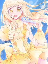 Rule 34 | 1girl, blonde hair, breasts, coco (mermaid melody pichi pichi pitch), dress, earrings, frills, hatsuga (oyayubi itai2), holding, holding microphone, idol, jewelry, long hair, looking at viewer, magical girl, medium breasts, mermaid melody pichi pichi pitch, microphone, necklace, open mouth, pointing, seashell, shell, solo, turtleneck, underwater, wrist cuffs, yellow dress, yellow eyes