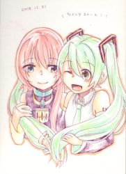 Rule 34 | 2girls, aqua hair, bare shoulders, black shirt, black sleeves, blue eyes, blue nails, cropped torso, dated, detached sleeves, green eyes, green hair, hair scarf, hatsune miku, highres, holding, holding own hair, looking at viewer, megurine luka, mochityoko, multiple girls, nail polish, necktie, one eye closed, open mouth, pink hair, scarf, shared clothes, shared scarf, shirt, side-by-side, smile, traditional media, translated, upper body, vocaloid, white shirt