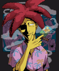 Rule 34 | 1boy, bart simpson, black eyes, cigar, closed mouth, colored skin, commentary, grey background, hawaiian shirt, highres, holding, holding cigar, knife, krusty the clown, male focus, photo (object), pink shirt, red hair, satou (ultrmngrtsrt), shaded face, shirt, short hair, short sleeves, shuriken, sideshow bob, smile, smoking, solo, spiked hair, the simpsons, upper body, weapon, yellow skin