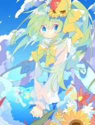 Rule 34 | 1girl, blue eyes, blue skirt, bow, cloud, daiyousei, day, fairy wings, flower, green hair, hair bow, hair flower, hair ornament, highres, long hair, long sleeves, looking at viewer, nikorashi-ka, one-hour drawing challenge, outdoors, own hands clasped, own hands together, shirt, side ponytail, skirt, sky, solo, sunflower, touhou, upper body, white shirt, wind, wings, yellow bow, yellow neckwear