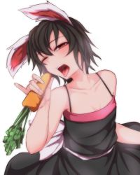 Rule 34 | 1girl, alternate costume, animal ears, bare arms, bare shoulders, black dress, breasts, carrot, cleavage, collarbone, dress, flat chest, food, half-closed eye, head tilt, holding, holding food, inaba tewi, kuroba rapid, looking at viewer, one eye closed, open mouth, rabbit ears, red eyes, sash, short hair, simple background, sleeveless, sleeveless dress, small breasts, solo, spaghetti strap, tongue, tongue out, touhou, upper body, white background