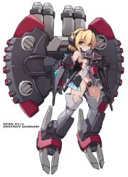 Rule 34 | 1girl, bare shoulders, blonde hair, boots, breasts, closed mouth, copyright request, gluteal fold, grey footwear, groin, hair between eyes, highres, karukan (monjya), looking at viewer, mecha musume, medium breasts, red eyes, revealing clothes, sideboob, simple background, solo, thigh boots, white background