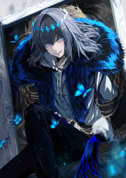 Rule 34 | 1boy, absurdres, antinese, arthropod boy, black hair, blue eyes, bug, butterfly wings, cape, cloak, collared shirt, crown, diamond hairband, fate/grand order, fate (series), fur-trimmed cape, fur-trimmed cloak, fur trim, highres, insect wings, long sleeves, looking at viewer, male focus, medium hair, oberon (fate), oberon (third ascension) (fate), official alternate hair color, shirt, smile, solo, white shirt, wings