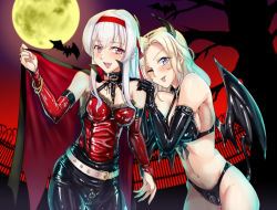 Rule 34 | 2girls, bat (animal), bat wings, bdsm, belt, bikini, black bikini, black cape, black gloves, black pants, blonde hair, blue eyes, bondage outfit, breasts, cape, capelet, cloak, cowboy shot, demon horns, demon tail, demon wings, dominatrix, elbow gloves, fangs, full moon, gloves, gradient sky, hairband, halloween, hornet (kancolle), horns, kantai collection, large breasts, long hair, looking at viewer, moon, multiple girls, night, night sky, pants, parazan d, red eyes, red hairband, red tank top, shoukaku (kancolle), sky, swimsuit, tail, tank top, tree, white belt, white hair, wings