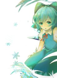Rule 34 | 1girl, blue bow, blue dress, blue eyes, blue hair, bow, cirno, collared shirt, cowboy shot, dress, flat chest, hair between eyes, hair bow, highres, ice, ice wings, neck ribbon, parted lips, puffy short sleeves, puffy sleeves, red ribbon, ribbon, shirt, short hair, short sleeves, simple background, siyumu, snowflakes, solo, touhou, white background, white shirt, wings
