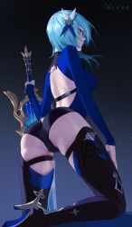 Rule 34 | 1girl, artist name, ass, back cutout, black thighhighs, blue hair, boots, breasts, closed mouth, clothing cutout, commentary, eula (genshin impact), floating hair, from behind, genshin impact, gradient background, high heel boots, high heels, highres, holding, holding sword, holding weapon, looking to the side, m alexa, medium breasts, nostrils, partially visible vulva, profile, solo, song of broken pines (genshin impact), sword, thigh boots, thighhighs, thighs, weapon