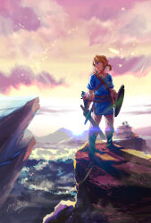 Rule 34 | 1boy, arrow (projectile), belt, blue eyes, blue tunic, brown belt, brown hair, cha kuro (limo), colored skin, dawn, full body, gloves, highres, holding, holding shield, holding sword, holding weapon, lens flare, link, long sleeves, looking to the side, male focus, mountain, nintendo, outdoors, pink skin, pointy ears, ponytail, shield, short hair, solo, standing, sword, the legend of zelda, the legend of zelda: breath of the wild, v, weapon