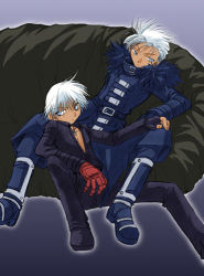 Rule 34 | 2boys, belt, blue eyes, boots, gloves, k&#039; (kof), krizalid, lowres, male focus, multiple boys, sitting, snk, the king of fighters, white hair
