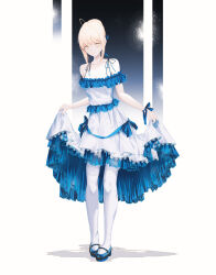 Rule 34 | 1girl, ahoge, alternate costume, alternate eye color, artoria pendragon (all), artoria pendragon (fate), bare shoulders, blonde hair, blue dress, blue footwear, blue ribbon, commentary, dress, english commentary, fate/grand order, fate/stay night, fate (series), fov ps, frilled dress, frills, hair ribbon, highres, looking at viewer, off-shoulder dress, off shoulder, pantyhose, ribbon, saber (fate), shadow, short hair, skirt hold, sleeveless, sleeveless dress, solo, two-tone dress, white dress, white pantyhose, yellow eyes