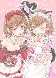 Rule 34 | 2girls, absurdres, alternate costume, animal ears, apron, blush, bow, breasts, brown eyes, brown hair, cat ears, cat tail, chocolate, cleavage, clone, collarbone, detached collar, dress, enmaided, food, gekota, happy valentine, highres, holding, holding chocolate, holding food, komemogoo, long sleeves, looking at viewer, maid, maid apron, maid headdress, misaka imouto, misaka mikoto, multiple girls, off-shoulder dress, off shoulder, official alternate costume, one eye closed, open mouth, outline, pink background, pink dress, red bow, red dress, short hair, short sleeves, siblings, side part, sisters, small breasts, tail, toaru majutsu no index, upper body, white outline