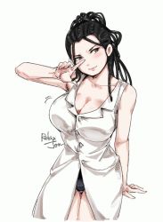 Rule 34 | 1girl, arm support, arm up, armpits, artist name, black eyes, black hair, breasts, buttons, cleavage, closed mouth, coat, collarbone, cowboy shot, fullmetal alchemist, dreadlocks, izumi curtis, large breasts, long hair, relaxjon, simple background, sleeveless, smile, solo, white background, white coat