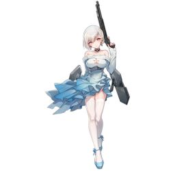 Rule 34 | 1girl, bare shoulders, bison cangshu, black collar, blue dress, blue footwear, blush, breasts, cleavage, cleavage cutout, closed mouth, clothing cutout, collar, collarbone, dress, earrings, full body, garter straps, girls&#039; frontline, gun, hair between eyes, head tilt, high heels, holding, holding gun, holding weapon, jewelry, layered dress, long sleeves, looking at viewer, low bore axis shotgun, medium breasts, o-ring, off-shoulder dress, off shoulder, official alternate costume, official art, pump action, red eyes, rmb-93, rmb-93 (cross the milky way) (girls&#039; frontline), rmb-93 (girls&#039; frontline), shield module, shoes, short dress, short hair, shotgun, silver hair, smile, snowflakes, solo, star cutout, straight-on, strapless, strapless dress, tachi-e, thighhighs, transparent background, trigger discipline, upskirt, weapon, white background, white thighhighs, zettai ryouiki
