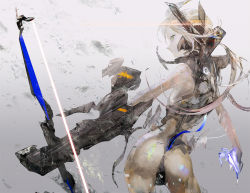 Rule 34 | 1girl, armor, ass, bad id, bad pixiv id, bow, bow (weapon), crossbow, green eyes, kazutaka, looking at viewer, pale skin, weapon, white hair