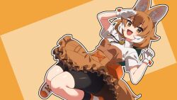 Rule 34 | 1girl, animal ears, arm up, bike shorts, black shorts, blush, breasts, brown eyes, brown hair, collared shirt, commission, dhole (kemono friends), gloves, hatagaya, highres, kemono friends, looking at viewer, open mouth, salute, shiny clothes, shirt, shoes, short hair, short sleeves, shorts, skeb commission, small breasts, smile, sneakers, solo, white gloves, white hair