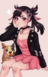 Rule 34 | 1girl, :d, absurdres, arm support, asymmetrical bangs, black choker, black hair, black jacket, black nails, blush, breasts, choker, cleavage, closed mouth, collar, collarbone, commentary, creatures (company), dress, english commentary, game freak, gen 8 pokemon, hair ornament, hair ribbon, hand on own cheek, hand on own face, hand up, heart, highres, invisible chair, jacket, long sleeves, looking at viewer, marnie (pokemon), medium hair, morpeko, morpeko (full), nail polish, nintendo, open clothes, open jacket, open mouth, pink dress, poke ball, poke ball (basic), pokemon, pokemon (creature), pokemon swsh, rasbii (rasberruu), red ribbon, ribbon, simple background, sitting, smile, teeth, undercut