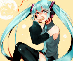 Rule 34 | 1girl, aqua eyes, aqua hair, bad id, bad pixiv id, black thighhighs, character name, detached sleeves, eating, hatsune miku, headset, long hair, necktie, open mouth, sena (d3cbc6), sitting, skirt, solo, thighhighs, twintails, vocaloid, yellow background