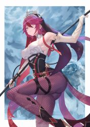 Rule 34 | 1girl, arm up, armpits, ass, bare shoulders, beil, breasts, claws, elbow gloves, fishnet pantyhose, fishnets, full body, genshin impact, gloves, high heels, highres, holding, holding polearm, holding weapon, large breasts, leg up, legs, long hair, moco (moco 28), pantyhose, polearm, purple eyes, purple hair, purple pantyhose, rosaria (genshin impact), sideboob, sky, sleeveless, solo, thigh strap, weapon, white gloves