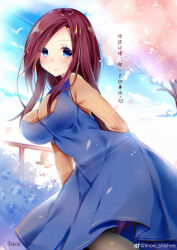Rule 34 | 1girl, aged up, artist name, black pantyhose, blue dress, blue eyes, blue sky, blush, breasts, brown hair, cherry blossoms, chinese commentary, chinese text, closed mouth, cloud, commentary request, dress, eyelashes, forehead, go-toubun no hanayome, highres, imoe (1017933989), large breasts, light rays, light smile, long dress, long hair, looking at viewer, nakano miku, orange shirt, outdoors, pantyhose, pinstripe pattern, pinstripe shirt, shirt, sidelocks, sky, solo, standing, straight hair, striped, torii, tree, twitter username, very long hair
