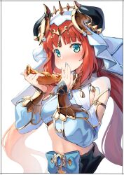 Rule 34 | 1girl, blue nails, blush, closed mouth, covering own mouth, cropped torso, dress, food, food in mouth, genshin impact, highres, holding, holding food, horns, kei (soundcross), long hair, long sleeves, looking at viewer, nilou (genshin impact), pizza, red hair, sidelocks, simple background, solo, very long hair, white background