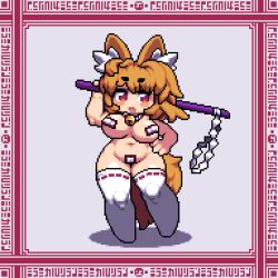 Rule 34 | 1girl, animal ear fluff, animal ears, blonde hair, border, breasts, brown eyes, commentary request, cookie (touhou), fox ears, fox girl, fox tail, full body, gohei, hand on own hip, highres, holding, holding gohei, large breasts, looking at viewer, maebari, medium hair, miramikaru riran, navel, no shoes, ofuda, ofuda on pussy, open mouth, ornate border, pixel art, ribbon-trimmed thighhighs, ribbon trim, smile, solo, standing, tail, thick eyebrows, thighhighs, tonchamon san, white background, white thighhighs
