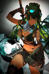 Rule 34 | 1girl, akai 999, arknights, black bag, black gloves, black pantyhose, black shirt, black shorts, cowboy shot, crocodilian tail, crop top, fingerless gloves, gavial (arknights), gavial the invincible (arknights), gloves, goggles, goggles on head, green hair, grey background, highres, long hair, looking at viewer, mask, mask around neck, material growth, midriff, navel, official alternate costume, oripathy lesion (arknights), pantyhose, parted lips, pointy ears, pouch, respirator, shirt, shorts, shoulder tattoo, simple background, solo, stomach tattoo, tail, tan, tattoo, torn clothes, torn pantyhose, weapon behind back, yellow eyes