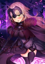 Rule 34 | 1girl, armor, bad id, bad pixiv id, black thighhighs, blonde hair, blush, breasts, cleavage, cloak, fate/grand order, fate (series), fur trim, headpiece, highres, holding, impossible clothes, jeanne d&#039;arc (fate), jeanne d&#039;arc alter (avenger) (fate), jeanne d&#039;arc alter (avenger) (first ascension) (fate), jeanne d&#039;arc alter (fate), kawai (purplrpouni), knee up, large breasts, long hair, looking at viewer, open mouth, original, sheath, sheathed, solo, standing, standing on one leg, sword, teeth, thighhighs, weapon, yellow eyes