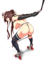 Rule 34 | 10s, 1girl, angry, armbinder, arms behind back, ass, bdsm, blush, bondage, bound, bound arms, breasts, brown hair, clenched teeth, collar, female focus, hair ornament, hanging breasts, kantai collection, large breasts, long hair, maron (kagamikunn), nipples, ponytail, purple eyes, slave, solo, spreader bar, strappado, teeth, thighhighs, yamato (kancolle)