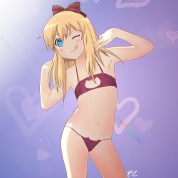 Rule 34 | 1girl, 2019, :q, absurdres, armpits, background lightning, bikini, blonde hair, blue background, blue eyes, blush, breasts, cleavage cutout, clothing cutout, collarbone, dated, feet out of frame, female focus, gradient background, hair ribbon, hands up, heart, highres, long hair, looking at viewer, navel, one eye closed, original, qtist, red bikini, ribbon, simple background, small breasts, smile, solo, standing, swimsuit, tongue, tongue out, toshinou kyouko, yuru yuri