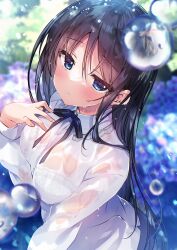 Rule 34 | 1girl, black bow, black hair, blue eyes, blurry, blurry background, blush, bow, bra visible through clothes, breasts, cleavage, highres, large breasts, long hair, looking at viewer, original, see-through, see-through shirt, shirt, shouna mitsuishi, solo, underwear, water drop, wet, wet clothes, wet hair, wet shirt