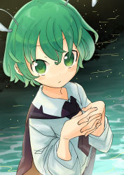 Rule 34 | 1girl, antennae, black cape, breasts, cape, collared shirt, fireflies, green eyes, green hair, highres, holding own arm, long sleeves, looking at viewer, shirt, short hair, simple background, sleeves pushed up, small breasts, solo, touhou, upper body, usayoshi (touhopu2), water surface, white shirt, wriggle nightbug