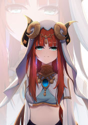 Rule 34 | 1girl, absurdres, aqua eyes, blunt bangs, brooch, commentary, crop top, genshin impact, highres, horns, jewelry, long hair, long sleeves, looking at viewer, midriff, nilou (genshin impact), no navel, qixia, red hair, smile, solo, stomach, upper body, veil, zoom layer